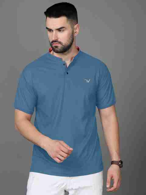MENTIFIC Solid Men Mandarin Collar Blue T-Shirt