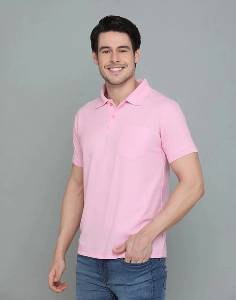 INKKR Solid Men Polo Neck Pink T-Shirt