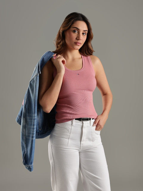 TOMMY HILFIGER Self Design Women Round Neck Pink T-Shirt Buy