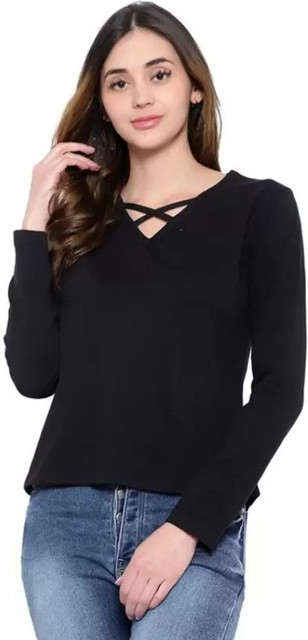 RLP Solid Women V Neck Black T-Shirt