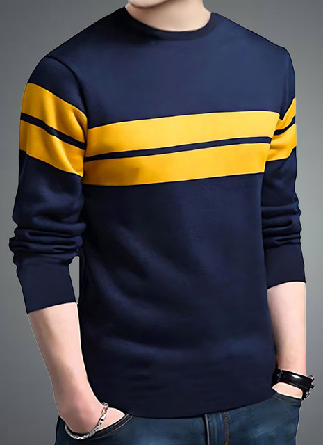 FAOES Printed, Colorblock Men Round Neck Navy Blue T-Shirt - Buy