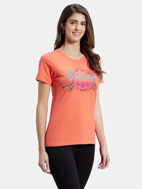 JOCKEY Printed Women Round Neck Pink T-Shirt
