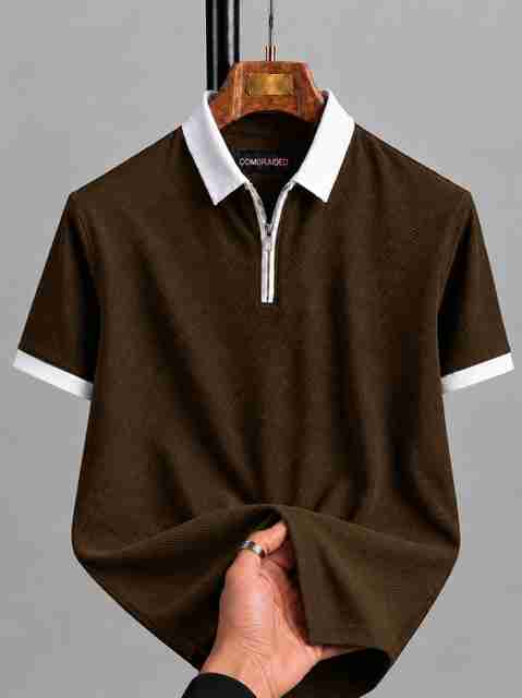 COMBRAIDED Men Brown Self Design Polo Neck T-Shirt - Image 5
