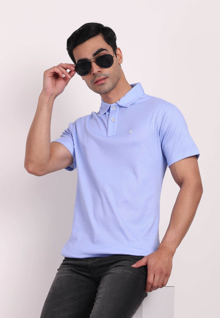 one sky Solid Men Polo Neck Light Blue T-Shirt Buy one sky Solid