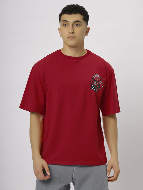 N AND J Printed Men Round Neck Red T-Shirt