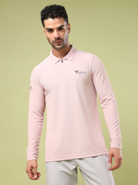 TECHNOSPORT Solid Men Zip Neck Pink T-Shirt - Buy TECHNOSPORT