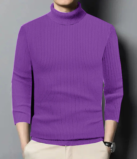 nikline Self Design High Neck Casual Men Black, Purple Sweater