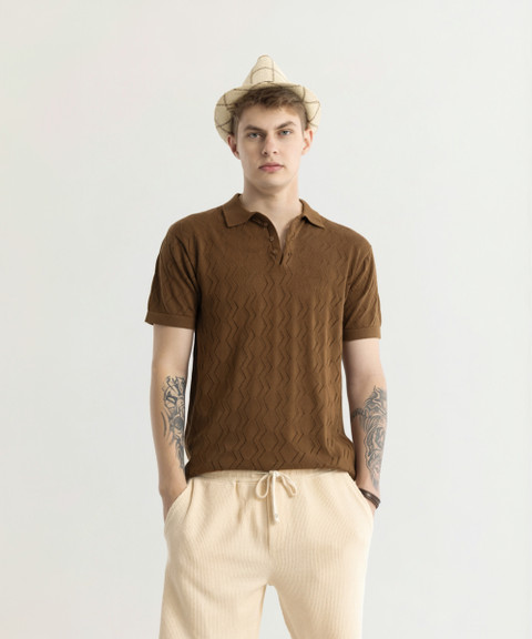 Snitch Printed Men Polo Neck Brown T-Shirt