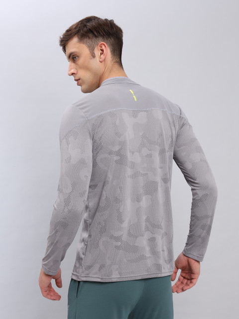TECHNOSPORT Printed Men Zip Neck Grey T-Shirt - Buy