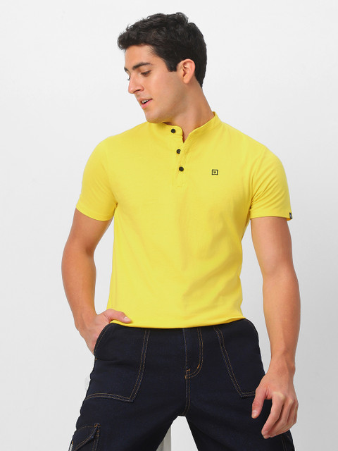 Urbano Fashion Solid Men Mandarin Collar Yellow T-Shirt Buy