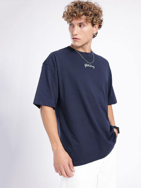 Glitchez Printed Men Round Neck Navy Blue T-Shirt - Buy Glitchez