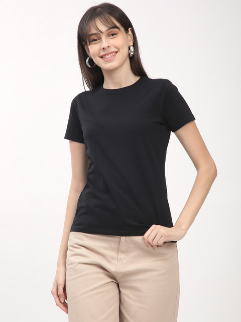 R&B Solid Women Round Neck Black T-Shirt - Buy R&B Solid Women