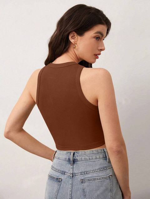 Tabadtod Solid Women Round Neck Brown T-Shirt