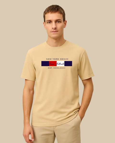 Magneto Printed Men Round Neck Beige T-Shirt