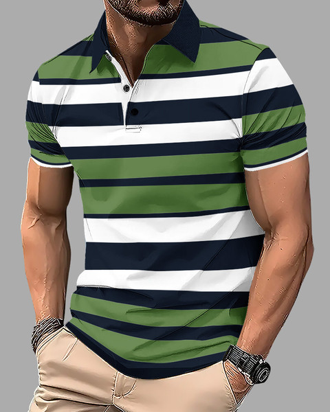 EyeBogler Striped Men Polo Neck Green T-Shirt