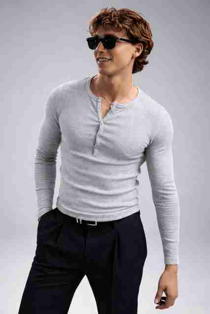 Rockwell Men Self Design Henley Neck Cotton Blend Grey T-Shirt - Image 5
