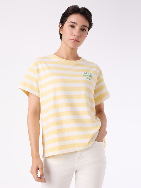 Pepe Jeans Graphic Print Women Round Neck Yellow T-Shirt Buy