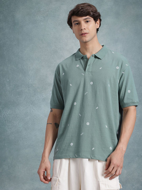 Roadster Printed Men Polo Neck Green T-Shirt