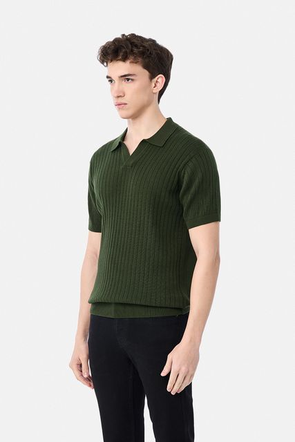 Snitch Men Solid Polo Neck Pure Cotton Green T-Shirt - Image 8