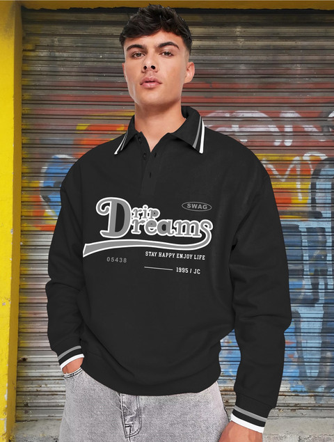 Jump Cuts Printed Men Polo Neck Black T-Shirt - Buy Jump Cuts