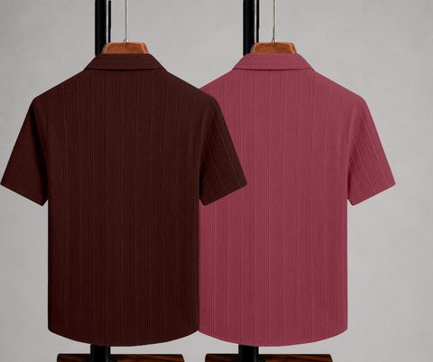 KAJARU Pack of 2 Men Self Design Zip Neck Polyester Brown, Maroon T-Shirt - Image 6