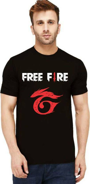 free fire tees Printed, Typography Men Round Neck Black T-Shirt