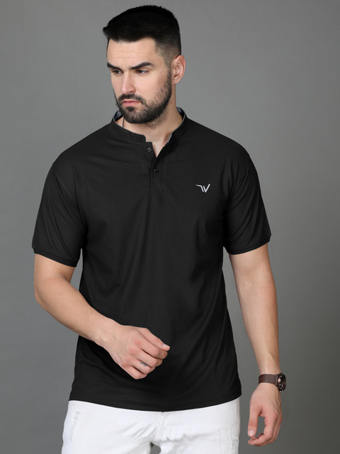 MENTIFIC Solid Men Mandarin Collar Black T-Shirt Buy MENTIFIC