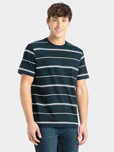 JOCKEY 2715 Men Striped Round Neck Cotton Blend Navy Blue T-Shirt - Image 2