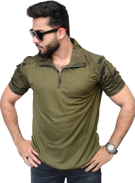 AZYXREN Self Design Men Zip Neck Dark Green T-Shirt Buy AZYXREN