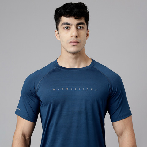 MUSCLEBLAZE Self Design Men Round Neck Blue T-Shirt Buy