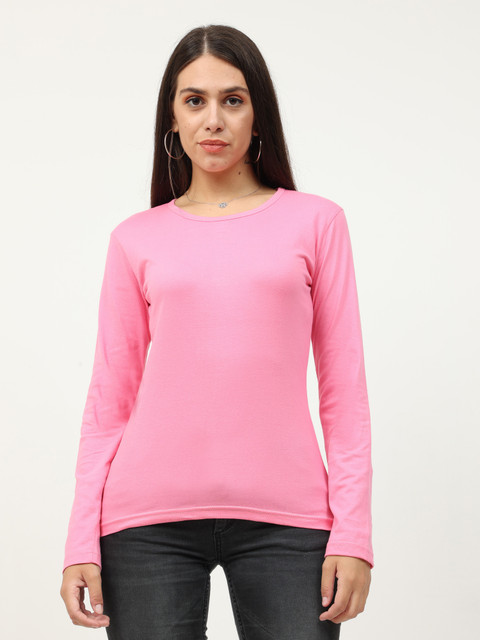 Fleximaa Solid Women Round Neck Pink T-Shirt