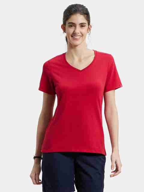 JOCKEY Solid Women V Neck Red T-Shirt