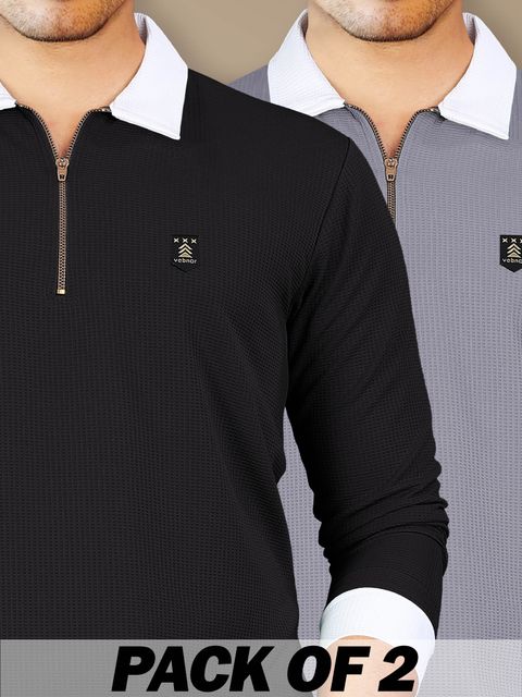 VeBNoR Pack of 2 Men Self Design Polo Neck Polyester Black, Grey T-Shirt - Image 8