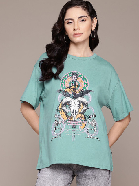 Roadster Printed Women Round Neck Green T-Shirt