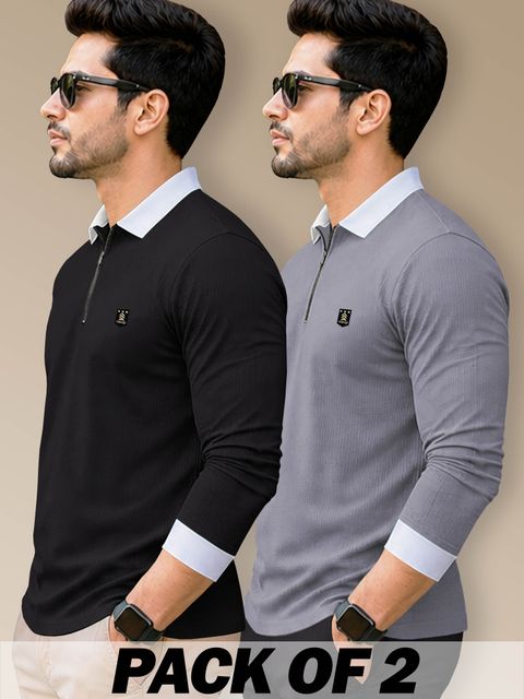 VeBNoR Pack of 2 Men Self Design Polo Neck Polyester Black, Grey T-Shirt - Image 7