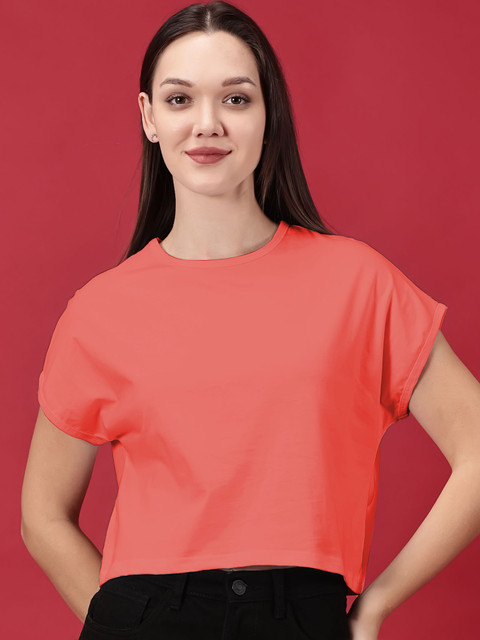 Novia Solid Women Round Neck Orange T-Shirt