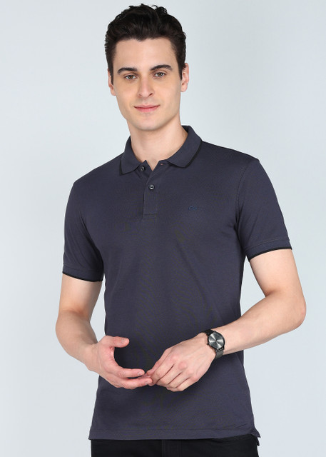 PETER ENGLAND Solid Men Polo Neck Grey T-Shirt