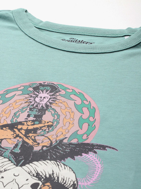 Roadster Printed Women Round Neck Green T-Shirt