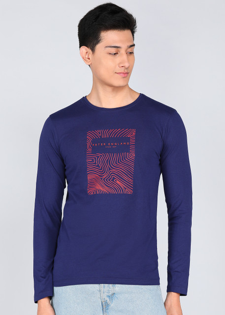 PETER ENGLAND Printed Men Polo Neck Blue T-Shirt