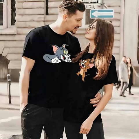 KRYONIX Cartoon Couple Round Neck Black T-Shirt