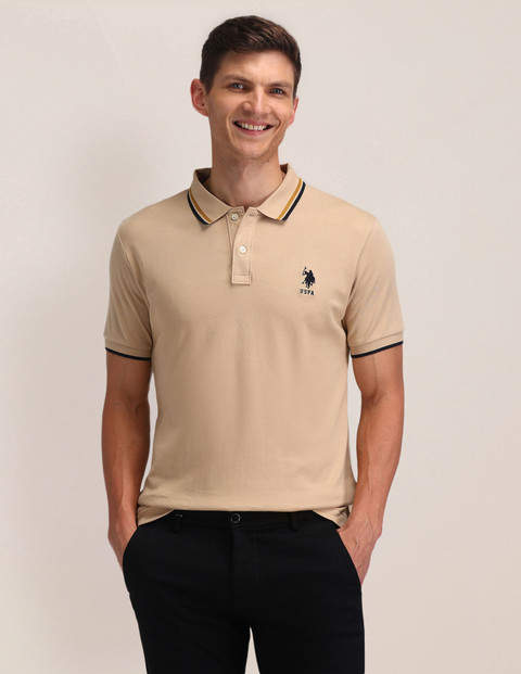 U.S. POLO ASSN. Solid Men Polo Neck Beige T-Shirt - Buy U.S.