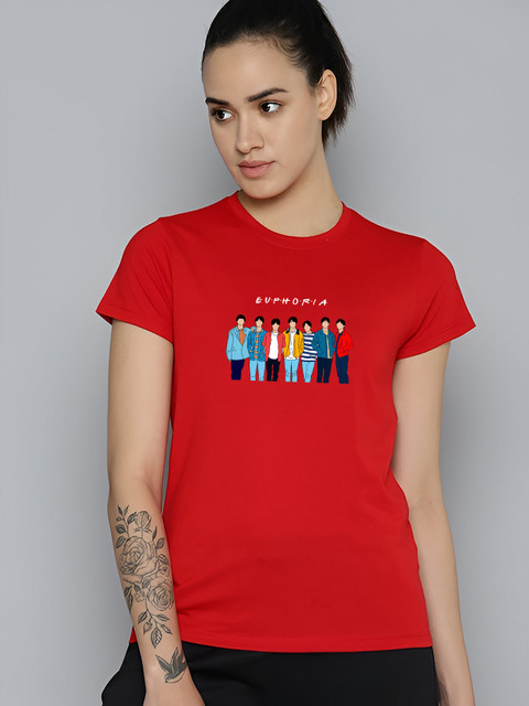 Jack Paris Printed Women Round Neck Red T-Shirt