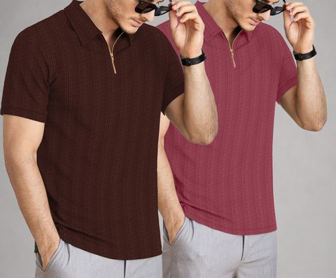 KAJARU Pack of 2 Men Self Design Zip Neck Polyester Brown, Maroon T-Shirt - Image 8