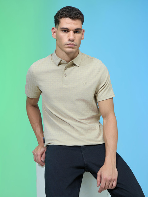 TECHNOSPORT Self Design Men Polo Neck Beige T-Shirt