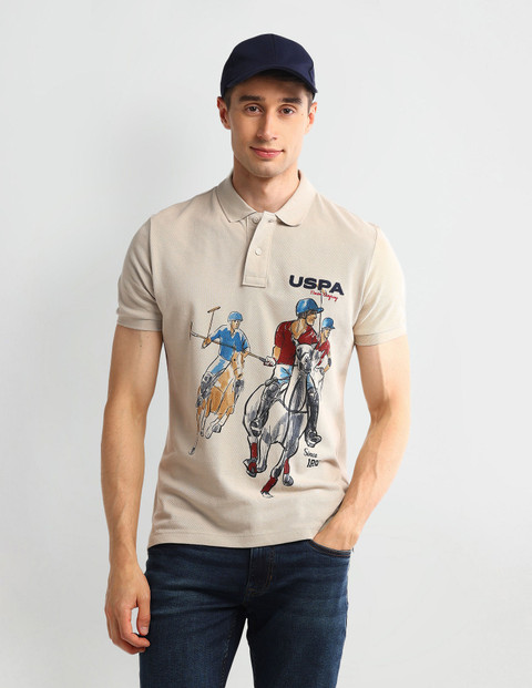 POLO Printed Men Polo Neck Beige T-Shirt