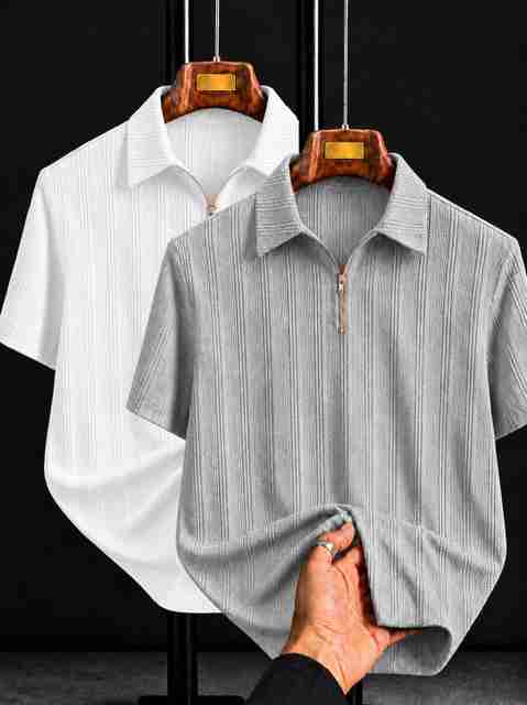 GLOBAL NOMAD Self Design Men Zip Neck White, Grey T-Shirt - Buy