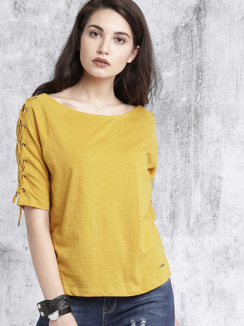 Roadster Solid Women Boat Neck Yellow T-Shirt