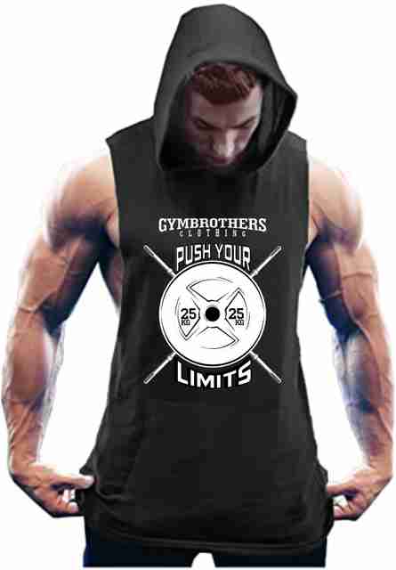 GYMBROTHERS Printed Men Hooded Neck Black T-Shirt Buy