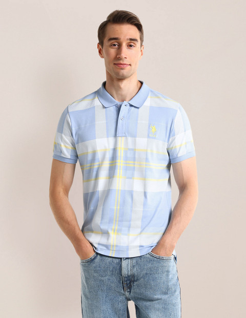 POLO Checkered Men Polo Neck Blue T-Shirt