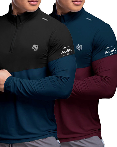 AUSK Colorblock Men High Neck Multicolor, Dark Blue T-Shirt